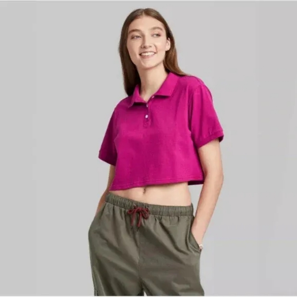 *WILD FABLE* Women's Short Sleeve Rugby Polo Crop Top Large Pink - Picture 2 of 5